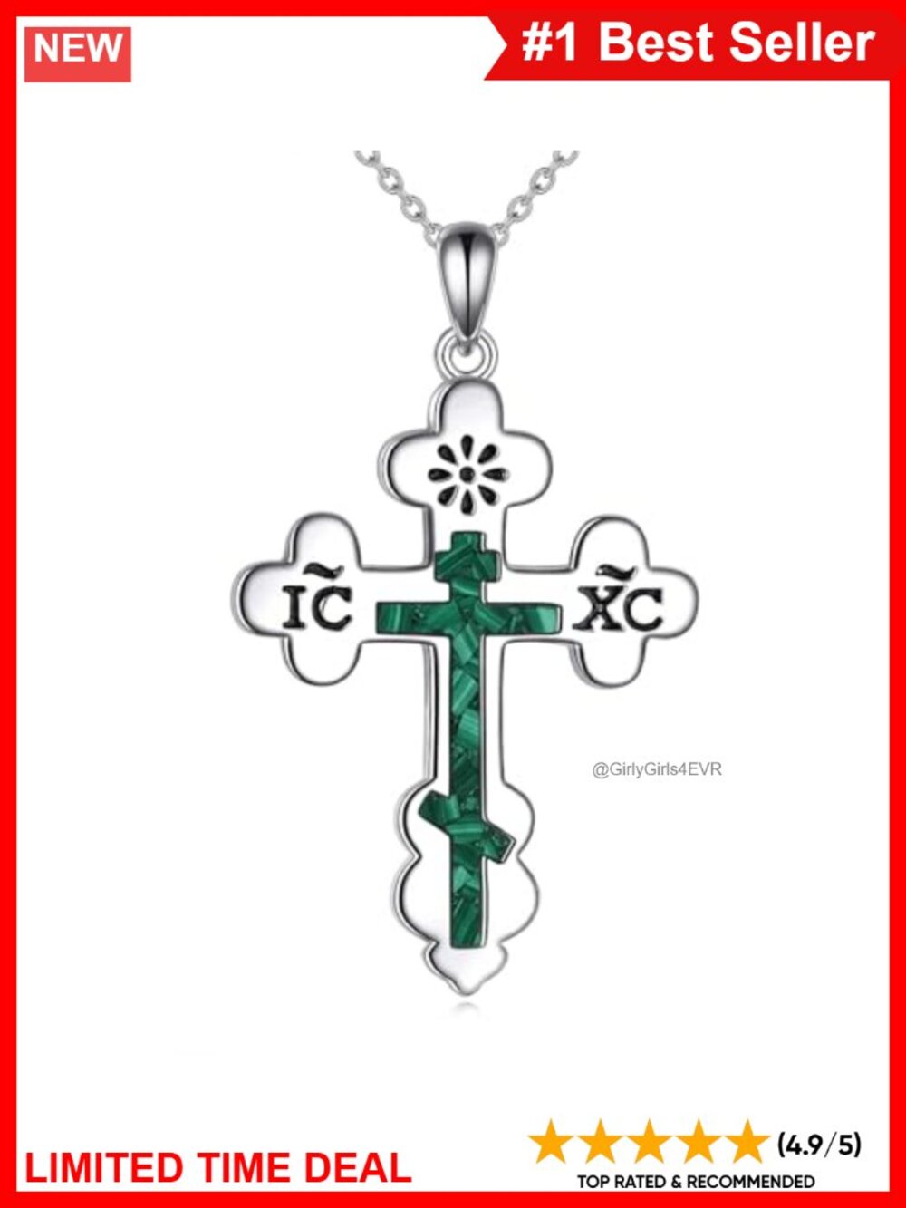 Sterling Silver Orthodox Cross Pendant Necklace Malachite Religious